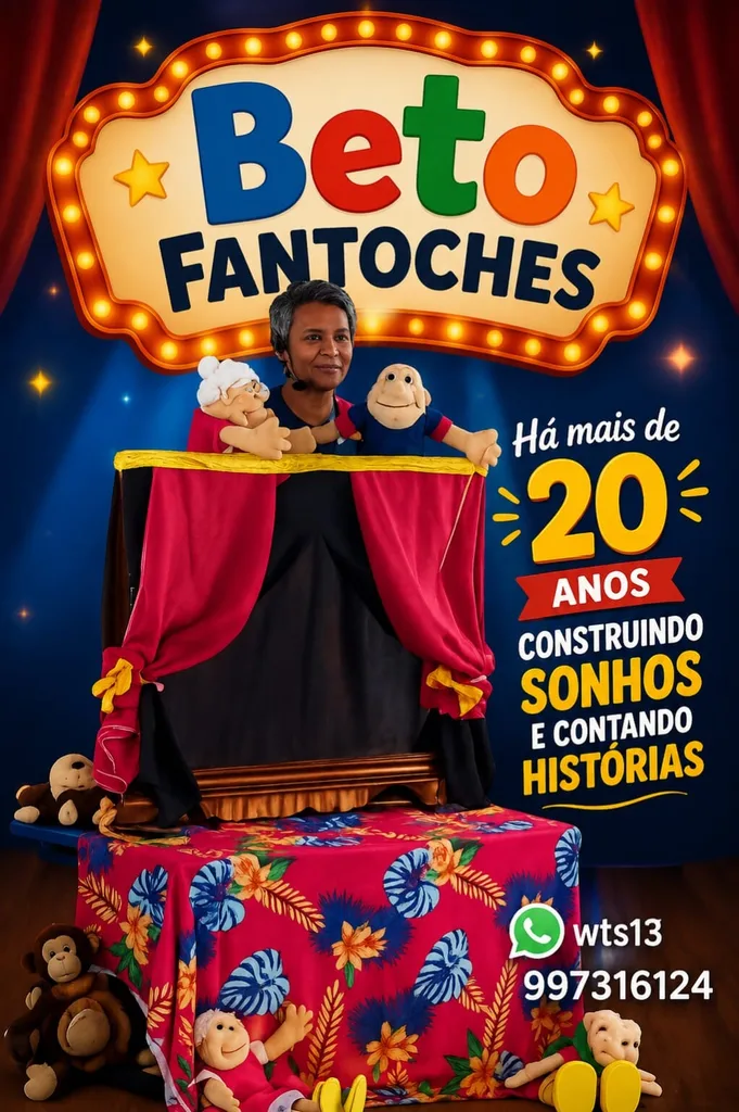 Arte do Beto Fantoches: letreiro de luzes, casinha de fantoches e a frase Há mais de 20 anos construindo sonhos e contando histórias