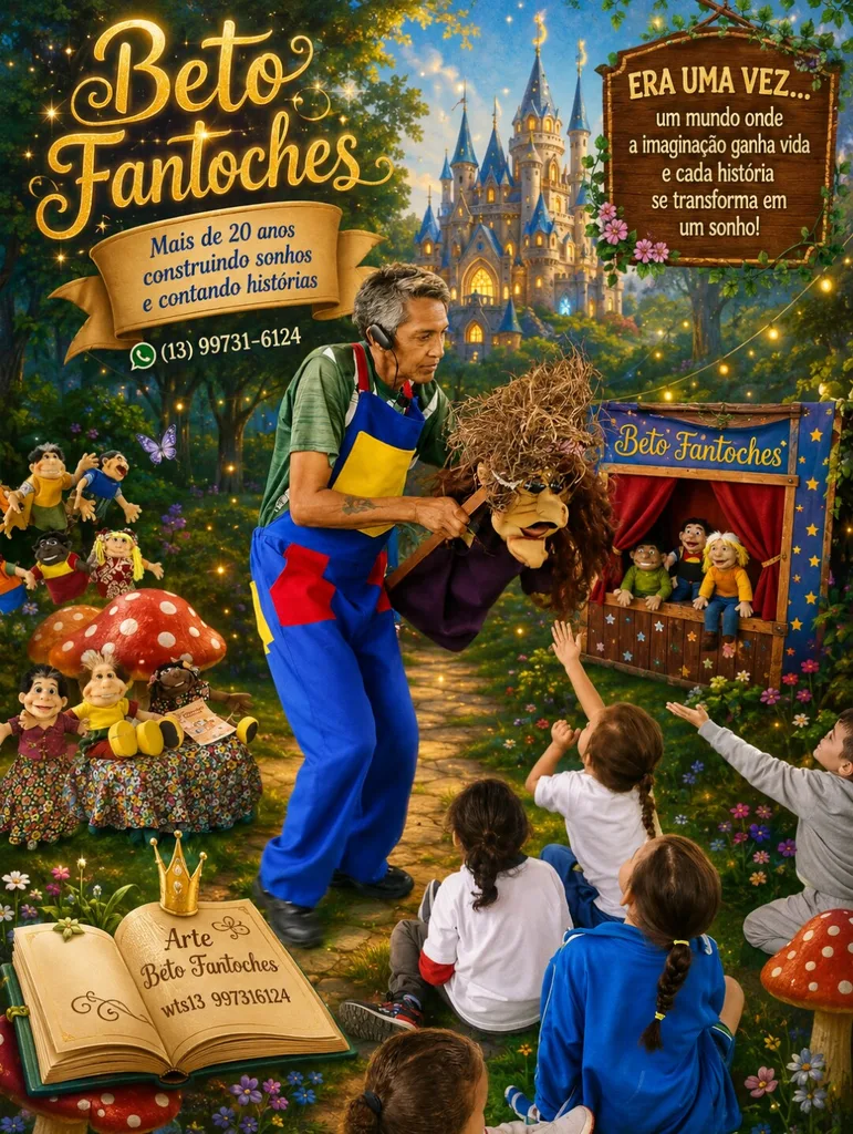 Arte do Beto Fantoches com fantoches e o letreiro de luzes