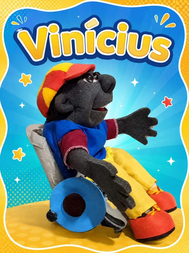 Arte com o fantoche Vinícius, cadeirante, em uma história de superação pelo esporte